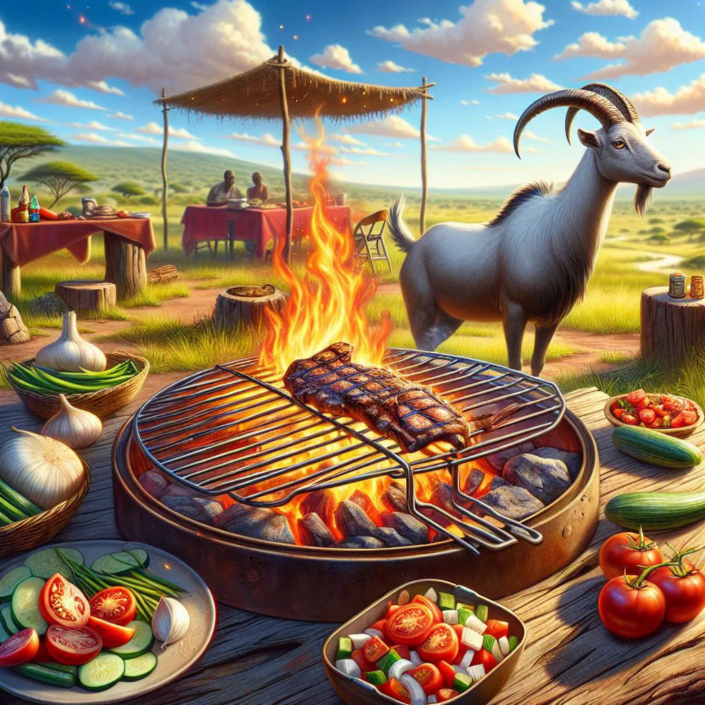Grilled marinated beef nyama choma served with lemon wedges and fresh herbs