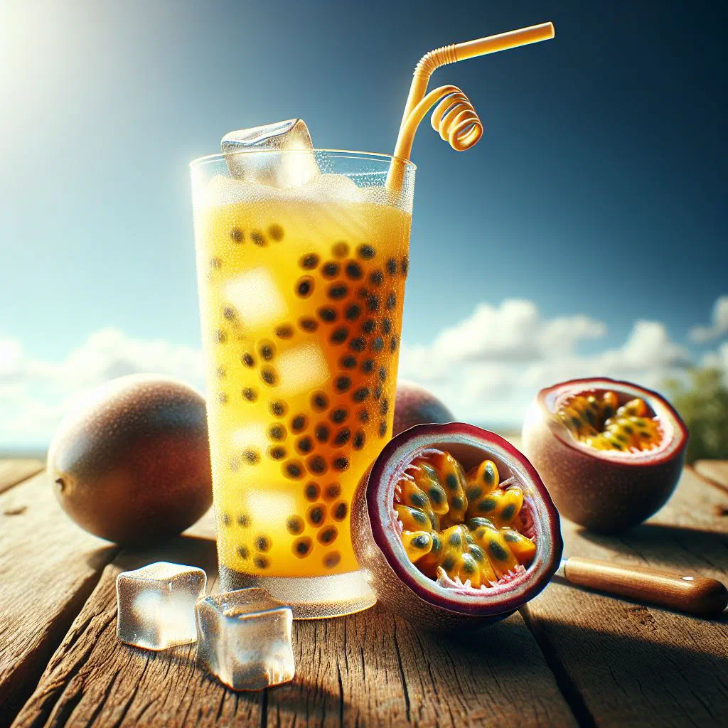 A tall glass of chilled passion fruit juice garnished with mint