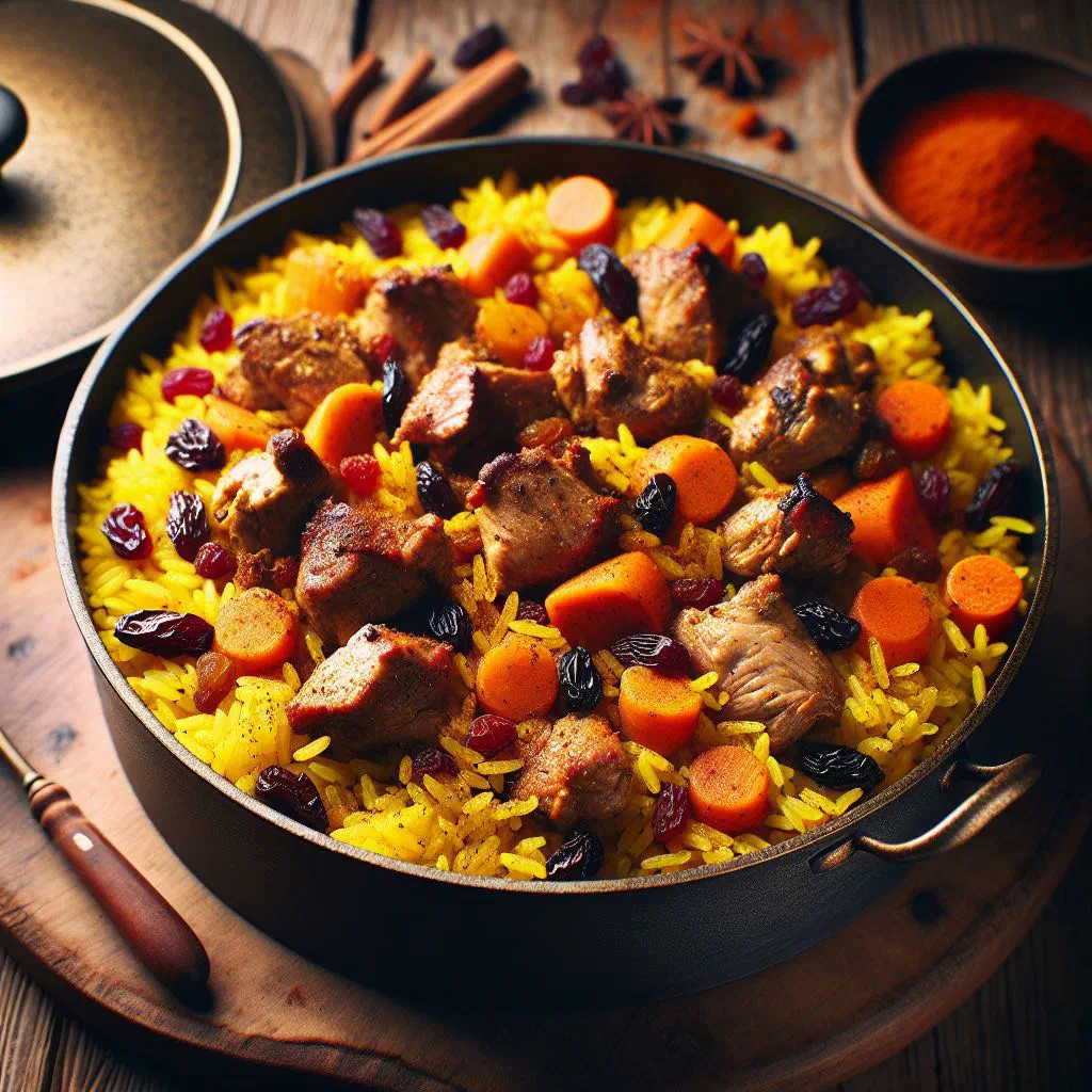 Aromatic Burundian pilau rice with meat and vegetables in a bowl