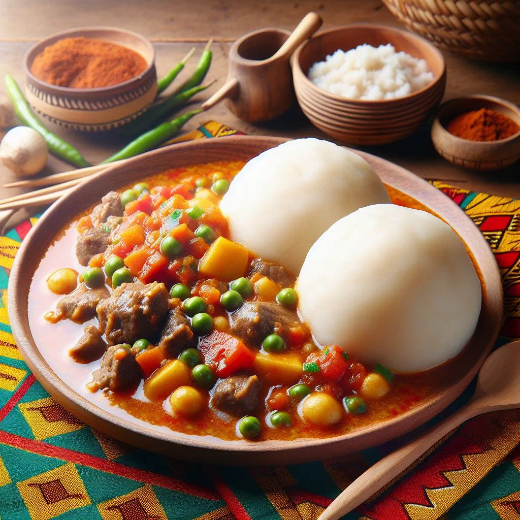 A smooth mound of ubugari served on a plate alongside a savoury sauce