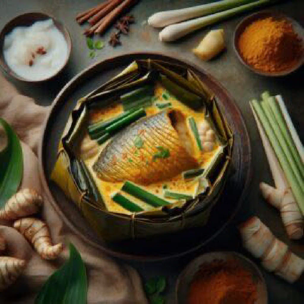 Creamy Cambodian fish amok steamed and served in a banana leaf cup