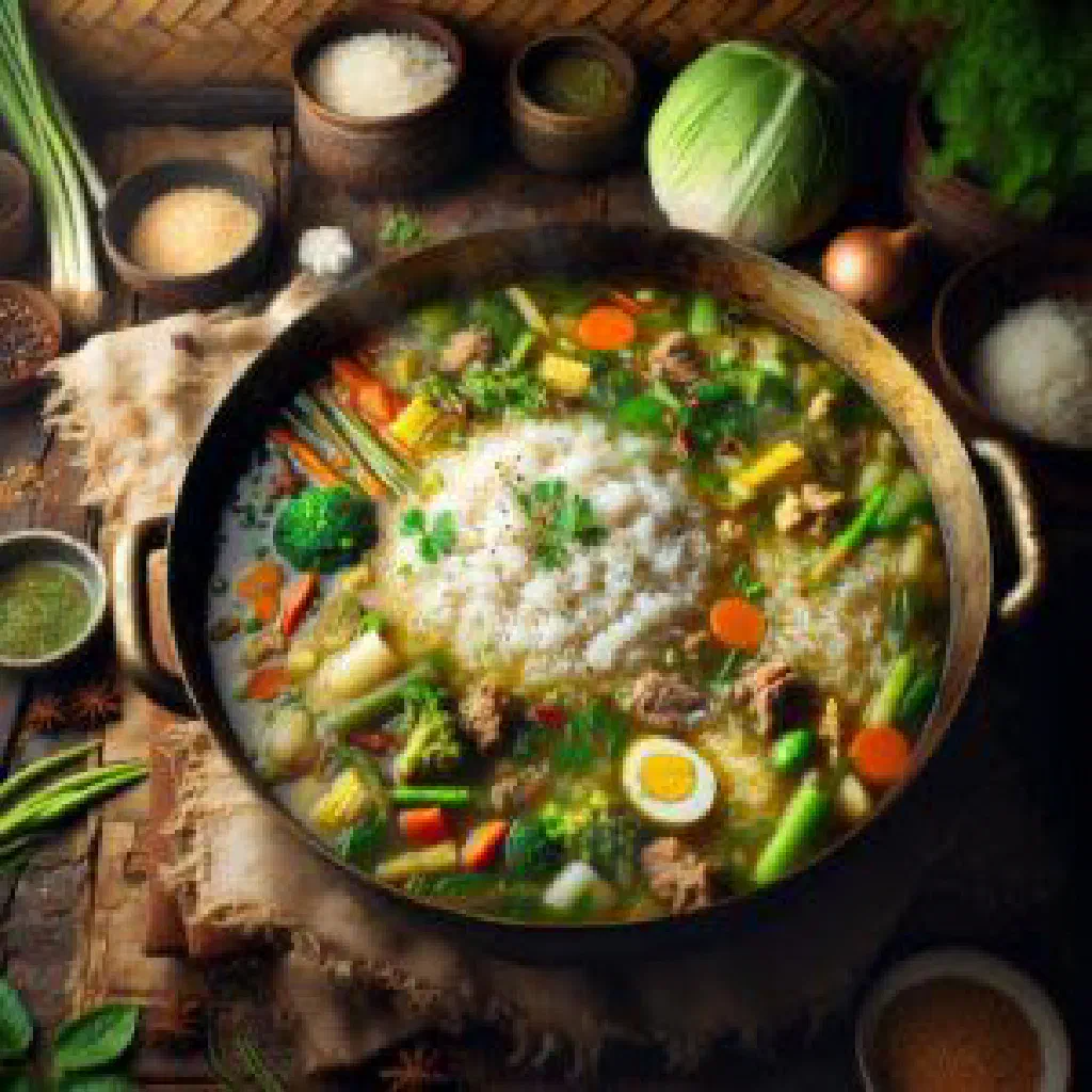 A steaming bowl of Cambodian bobor rice porridge topped with fresh herbs