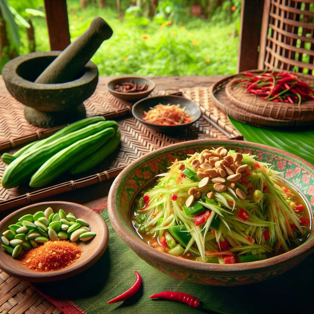 Bok Lahong green papaya salad topped with crushed peanuts and fresh mint