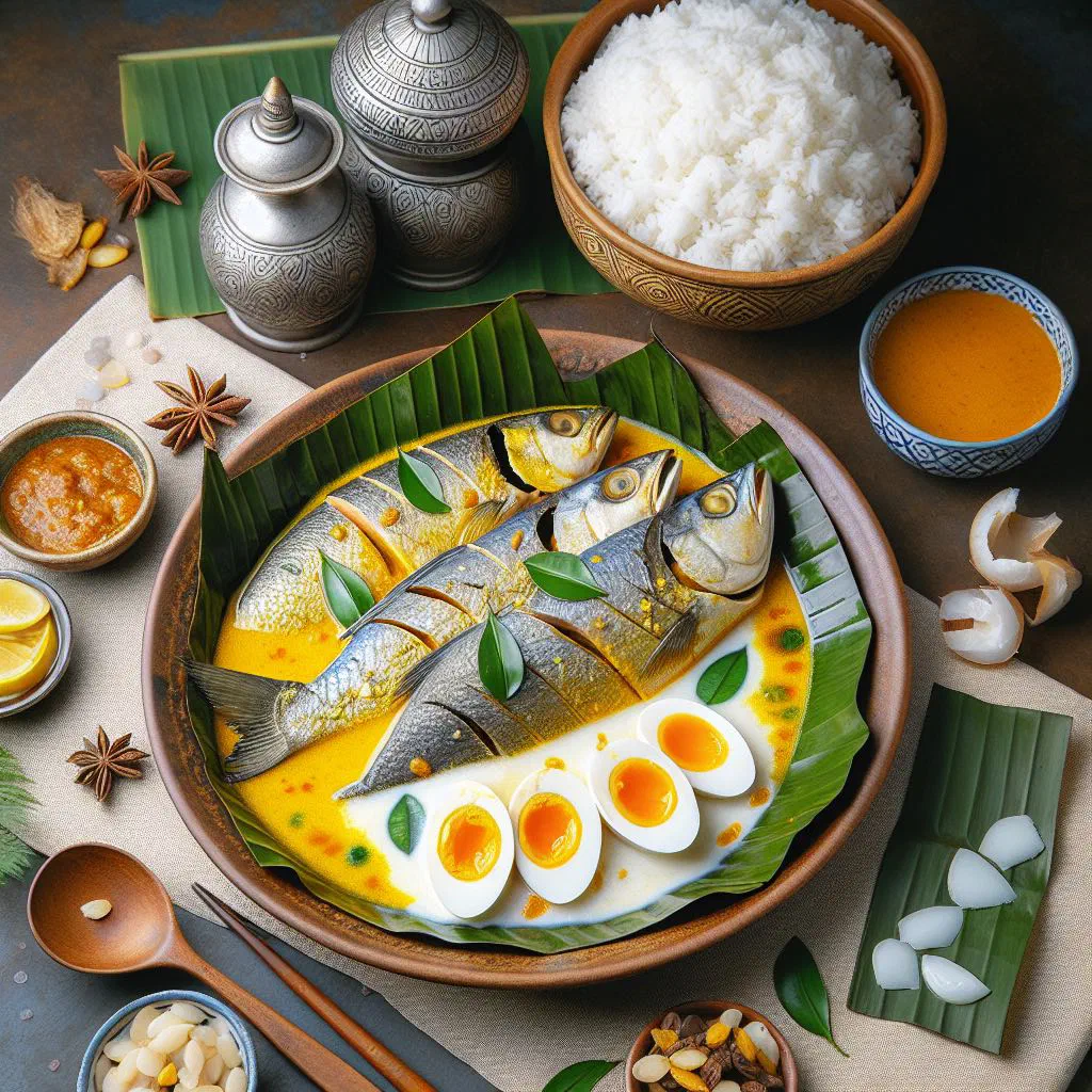 Fish amok steamed in a banana leaf and garnished with fresh herbs