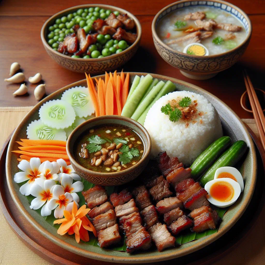 Marinated pork over jasmine rice garnished with fresh cucumber slices