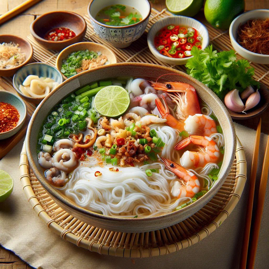 A steaming bowl of Cambodian kuy teav rice noodle soup with fresh herbs and lime