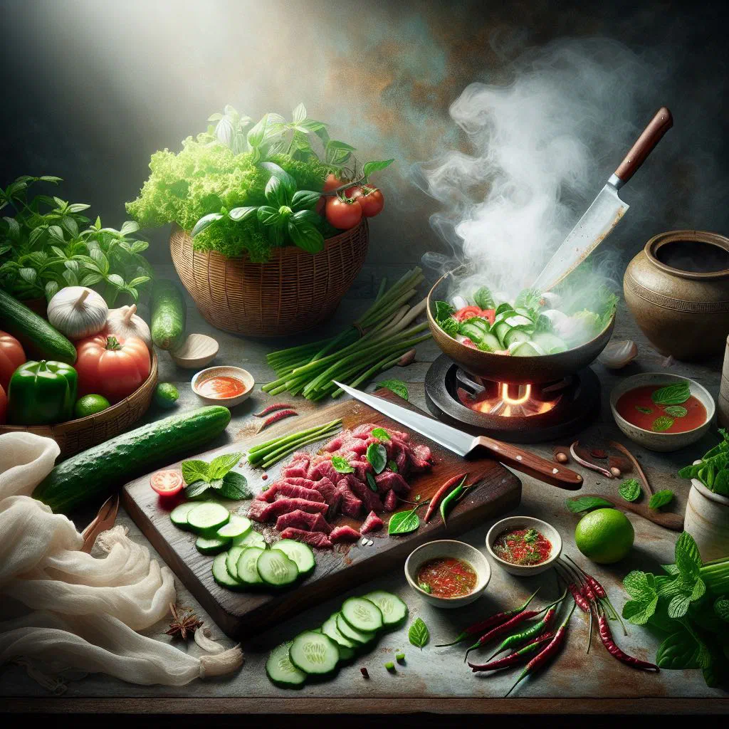 Lap Khmer beef salad with fresh herbs, lime and sticky rice
