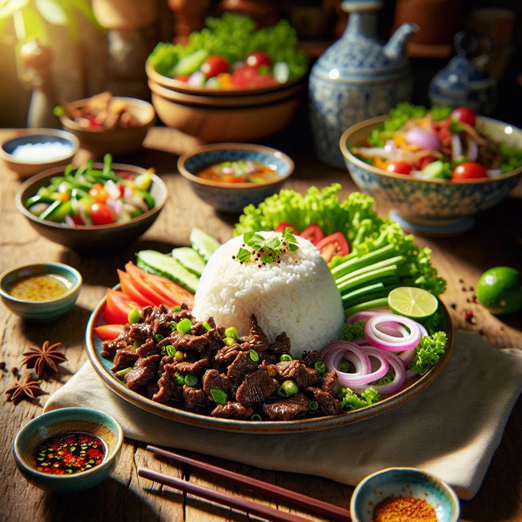 Cambodian lok lak with seared beef, fresh salad and lime pepper sauce