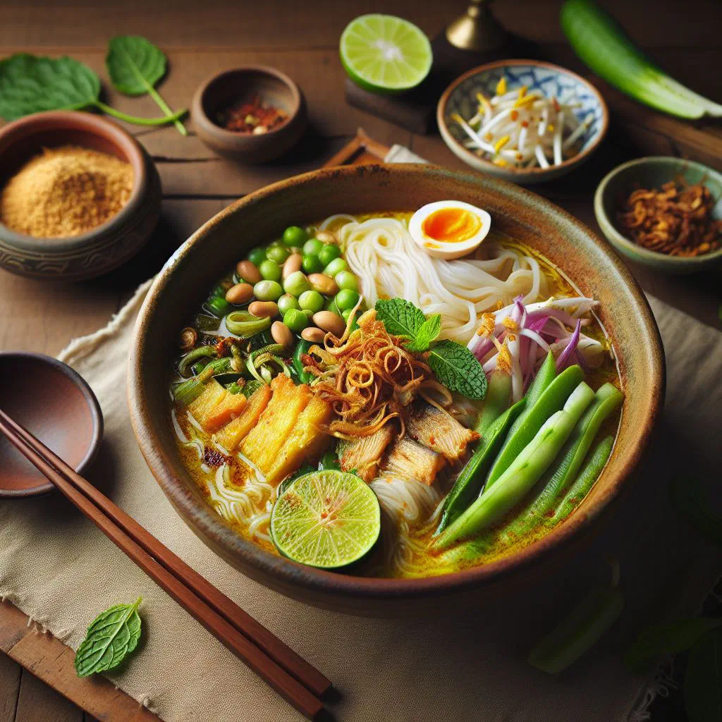 Bowl of Num Banh Chok rice noodles topped with fresh herbs and vegetables
