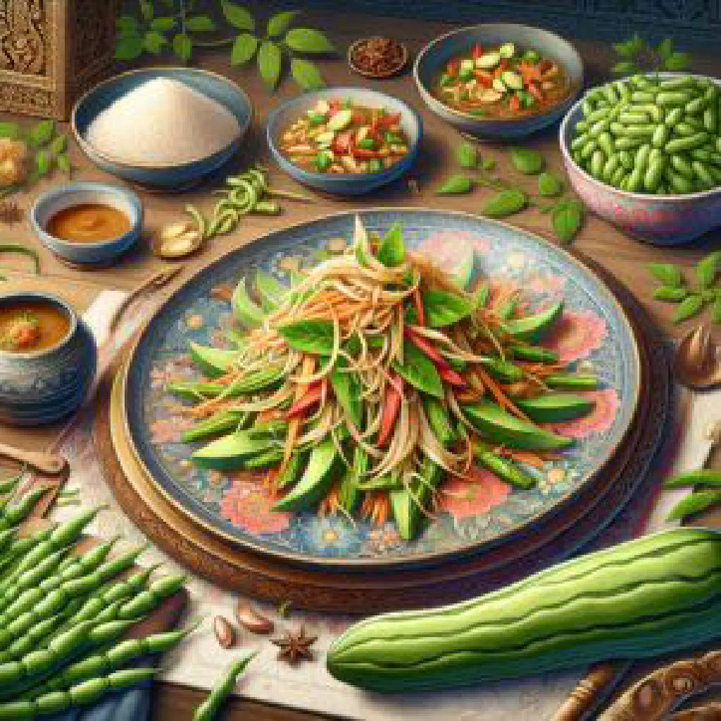 Bowl of Num Chak Kachan rice noodles with fresh herbs and chopped peanuts