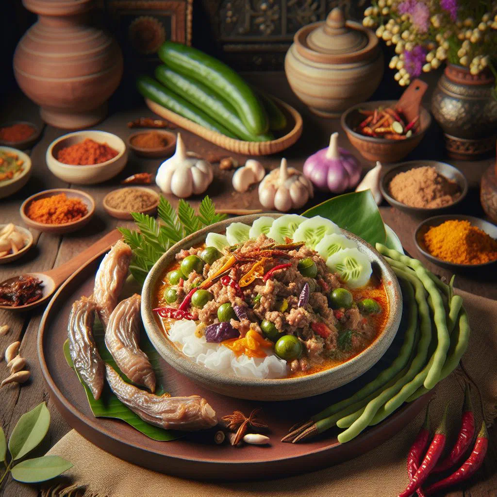 Bowl of creamy Prahok Ktis dip garnished with fresh herbs and chilli