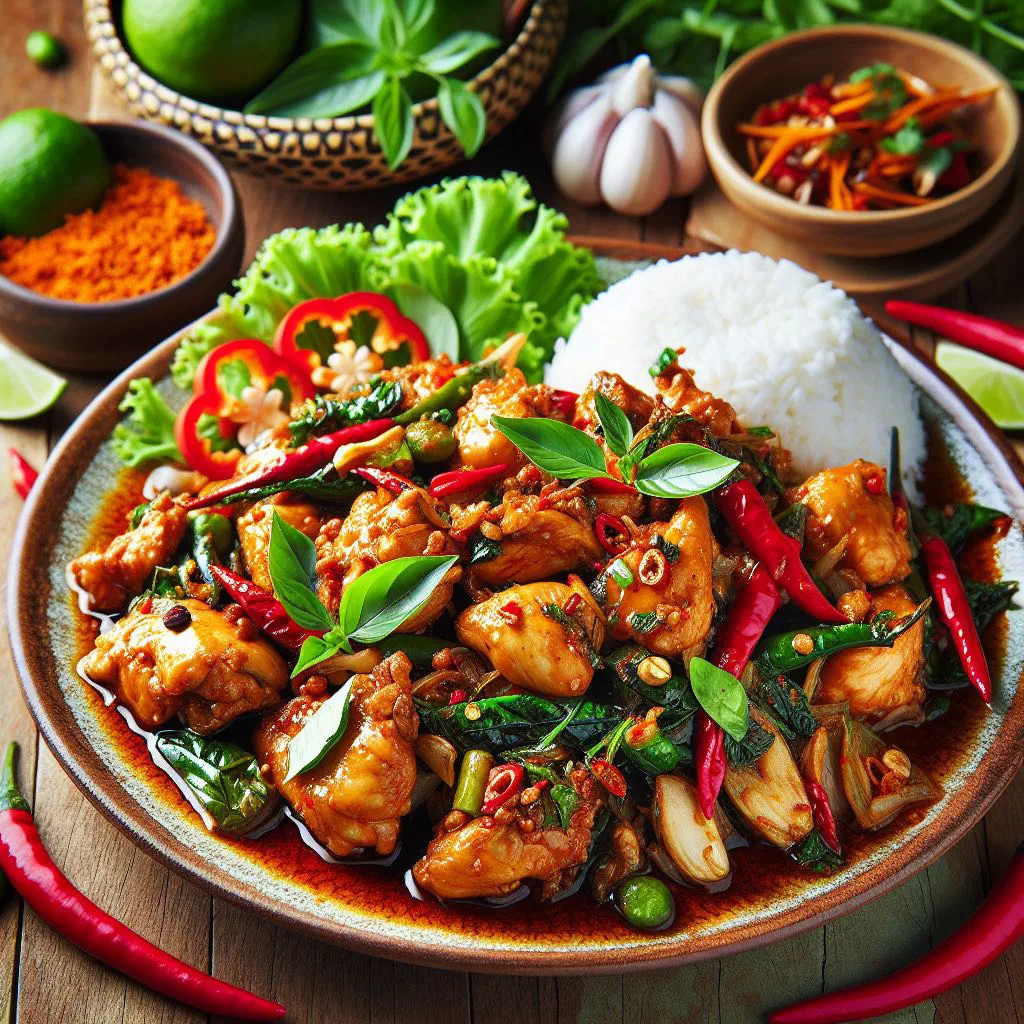 Stir-fried pork with fermented shrimp paste and fresh vegetables, garnished with coriander