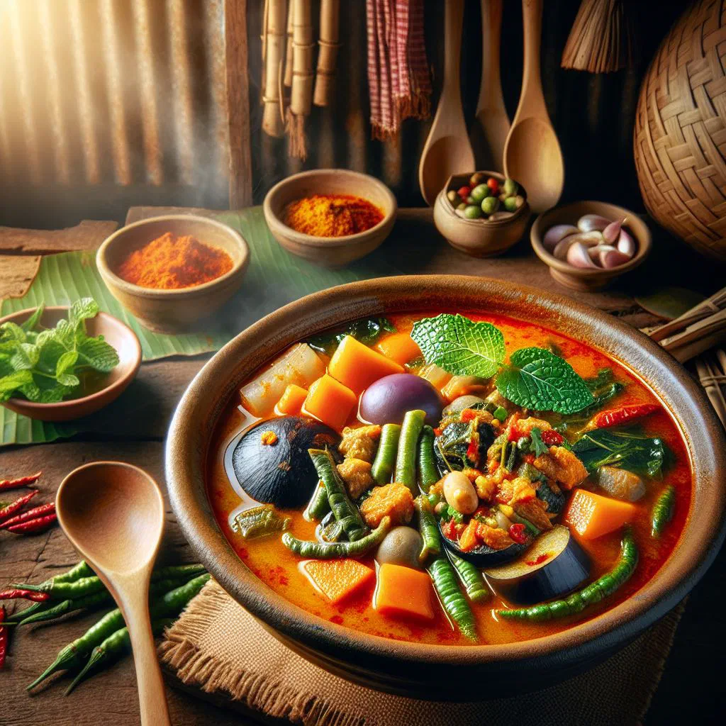 A bowl of Samlor Kako soup with vegetables, meat and fresh coriander