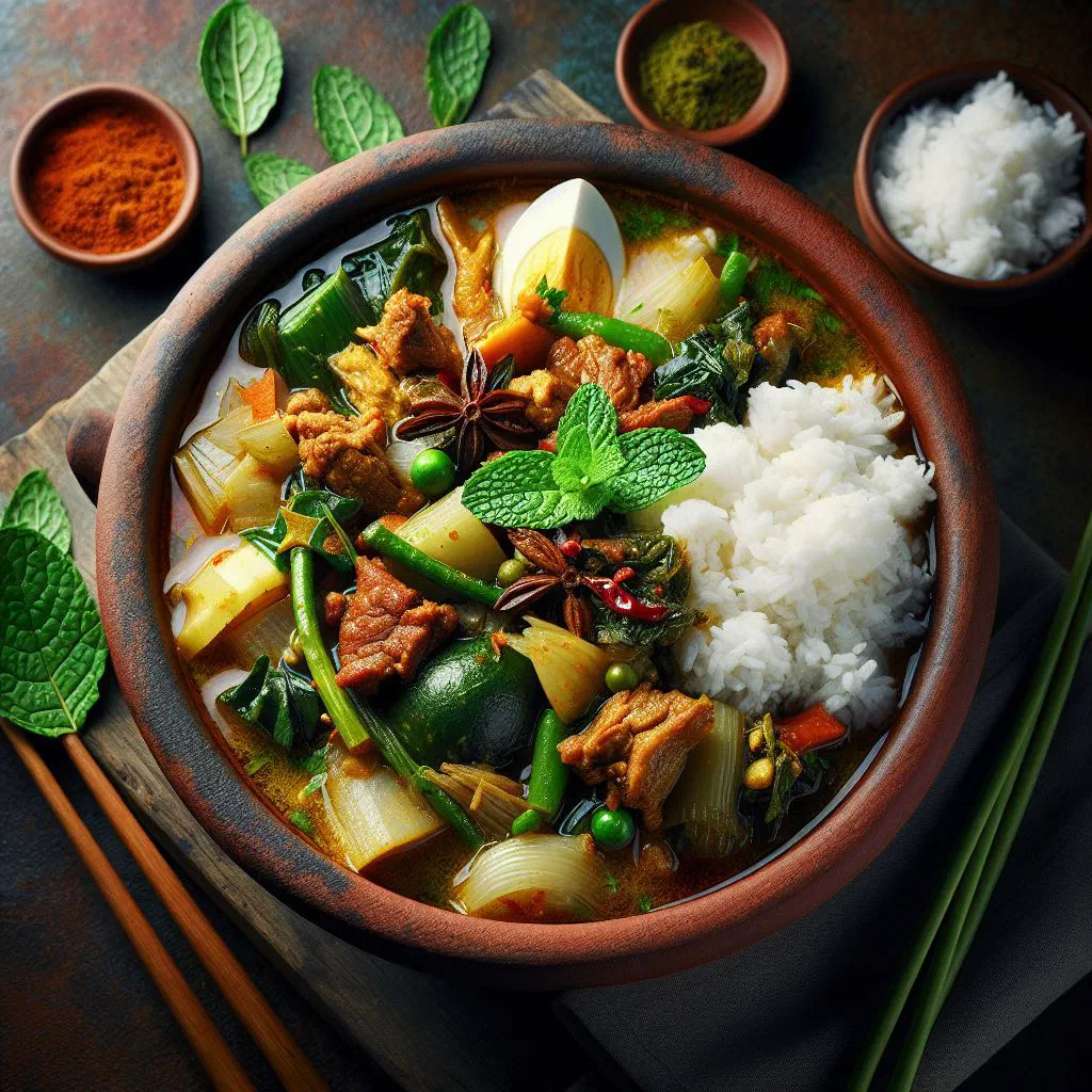 Bowl of Samlor Korkor soup with vegetables and fresh herbs