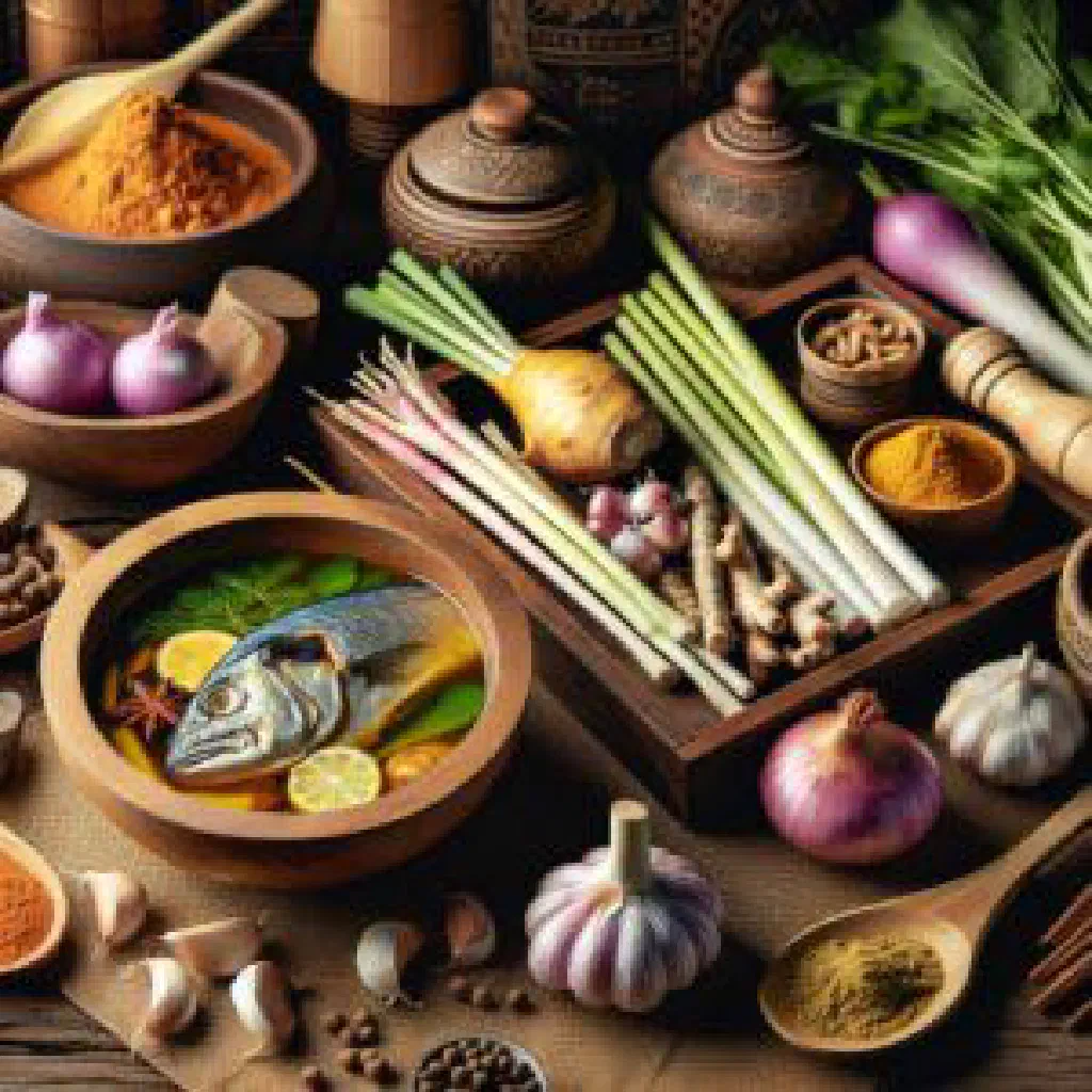 A steaming bowl of Samlor Machu Kroeung fish soup garnished with fresh coriander