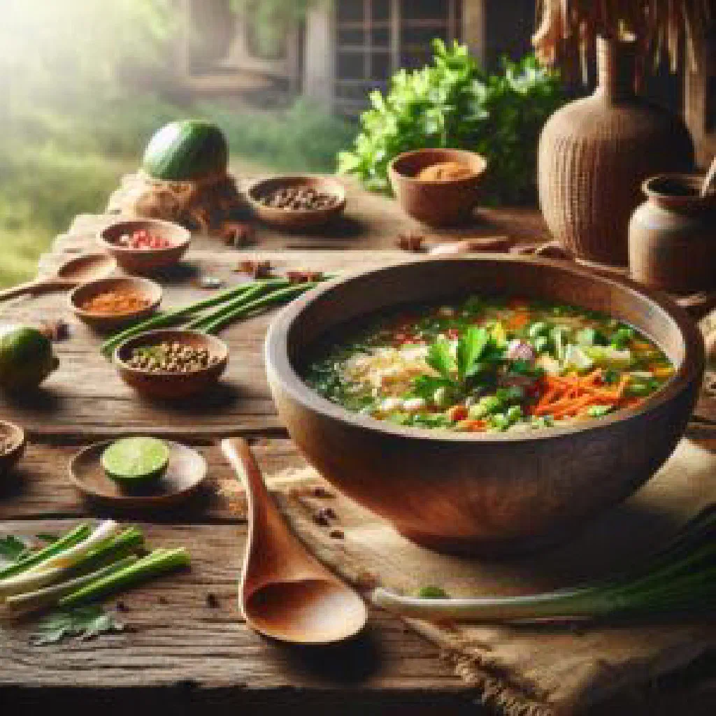 A steaming bowl of Cambodian Samlor Proher vegetable soup garnished with fresh coriander