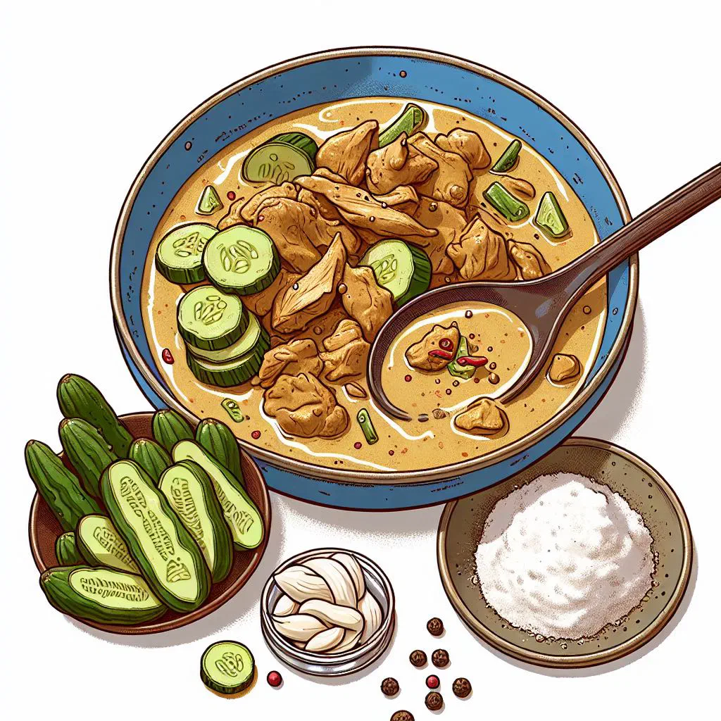 Somlor Kari curry with tender meat and vegetables in creamy coconut sauce, garnished with coriander