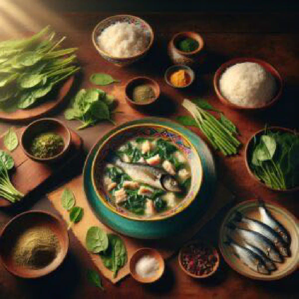 Cambodian marinated fish dish garnished with fresh herbs and lime