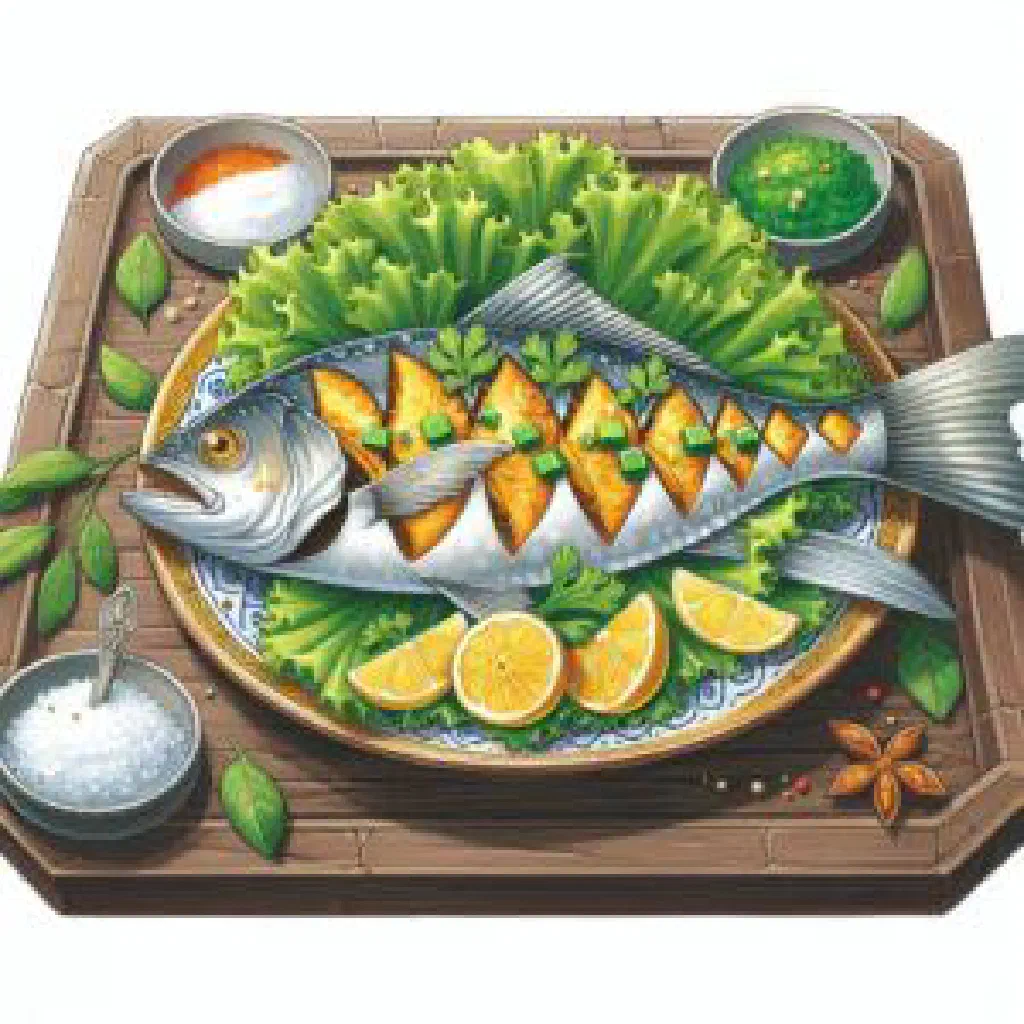 Crispy fried fish with ginger served with fragrant rice and fresh vegetables