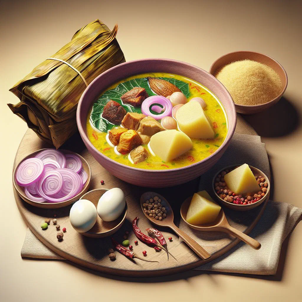 Bowl of yellow achu soup with tender beef, served with pounded yam