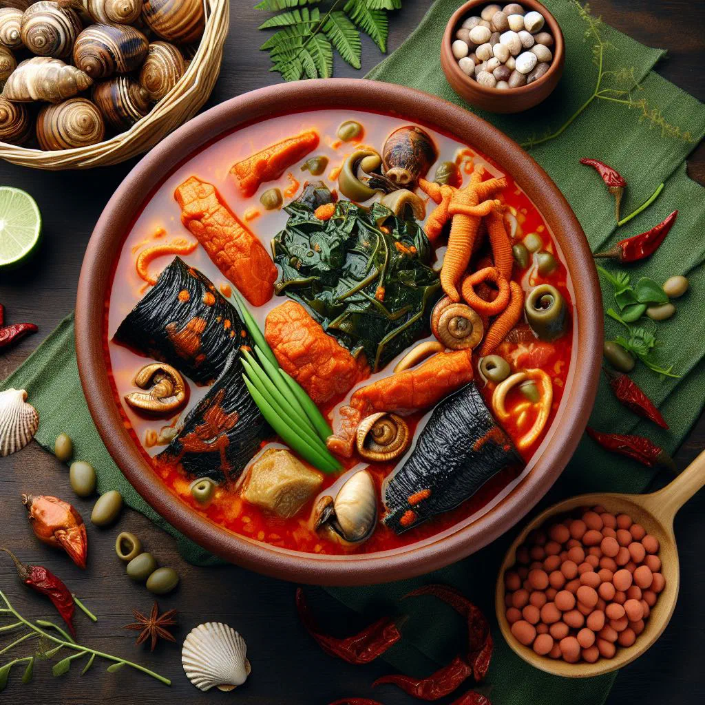 Bowl of rich green afang soup with beef and prawns