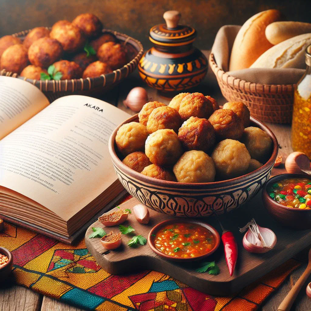 Golden-brown akara fritters piled on a plate with a spicy dip