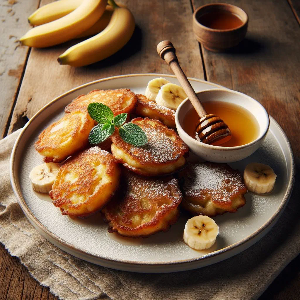 Golden Cameroonian banana fritters piled on a plate and dusted with icing sugar