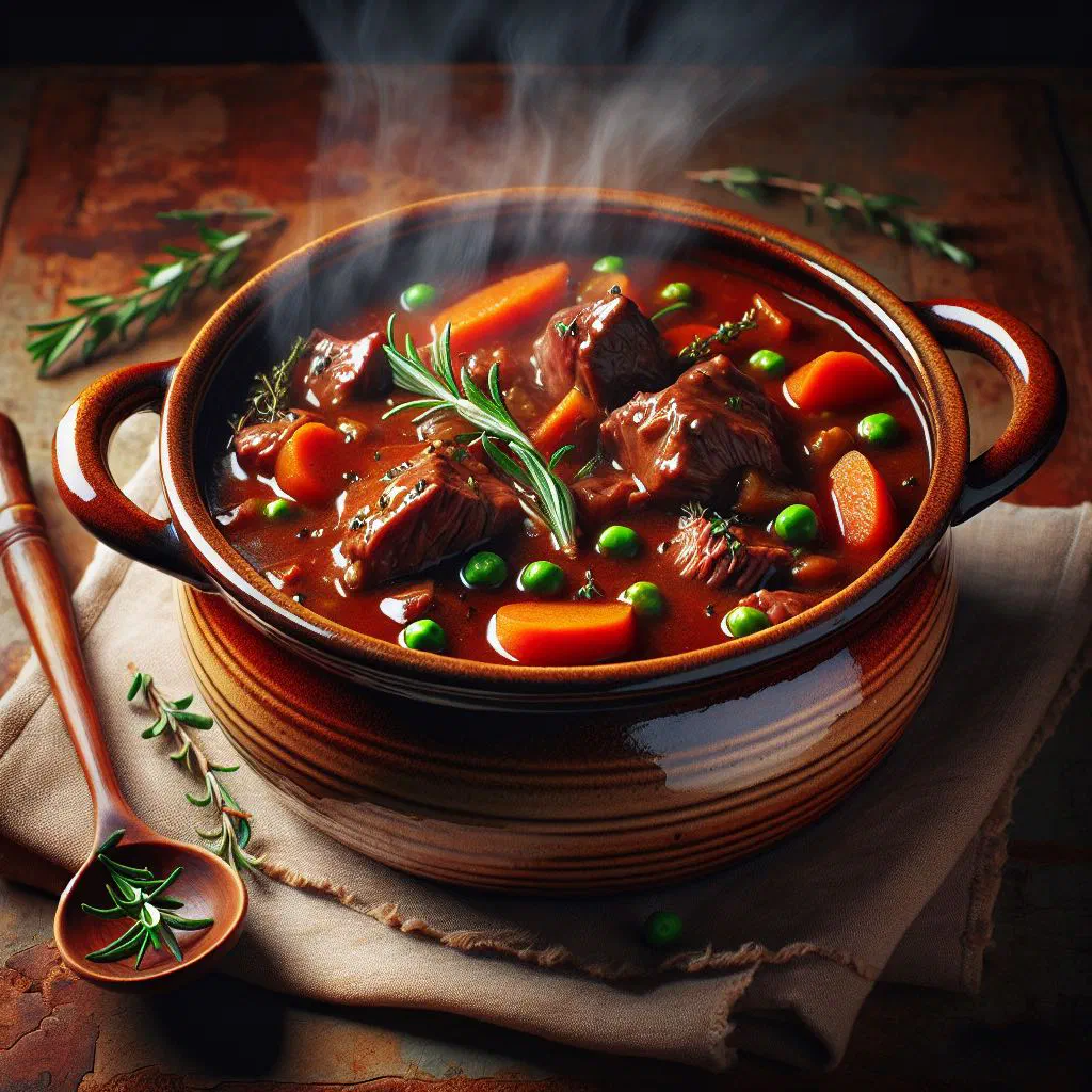 Cameroonian beef stew with tender beef, peppers and carrots in a rich tomato sauce