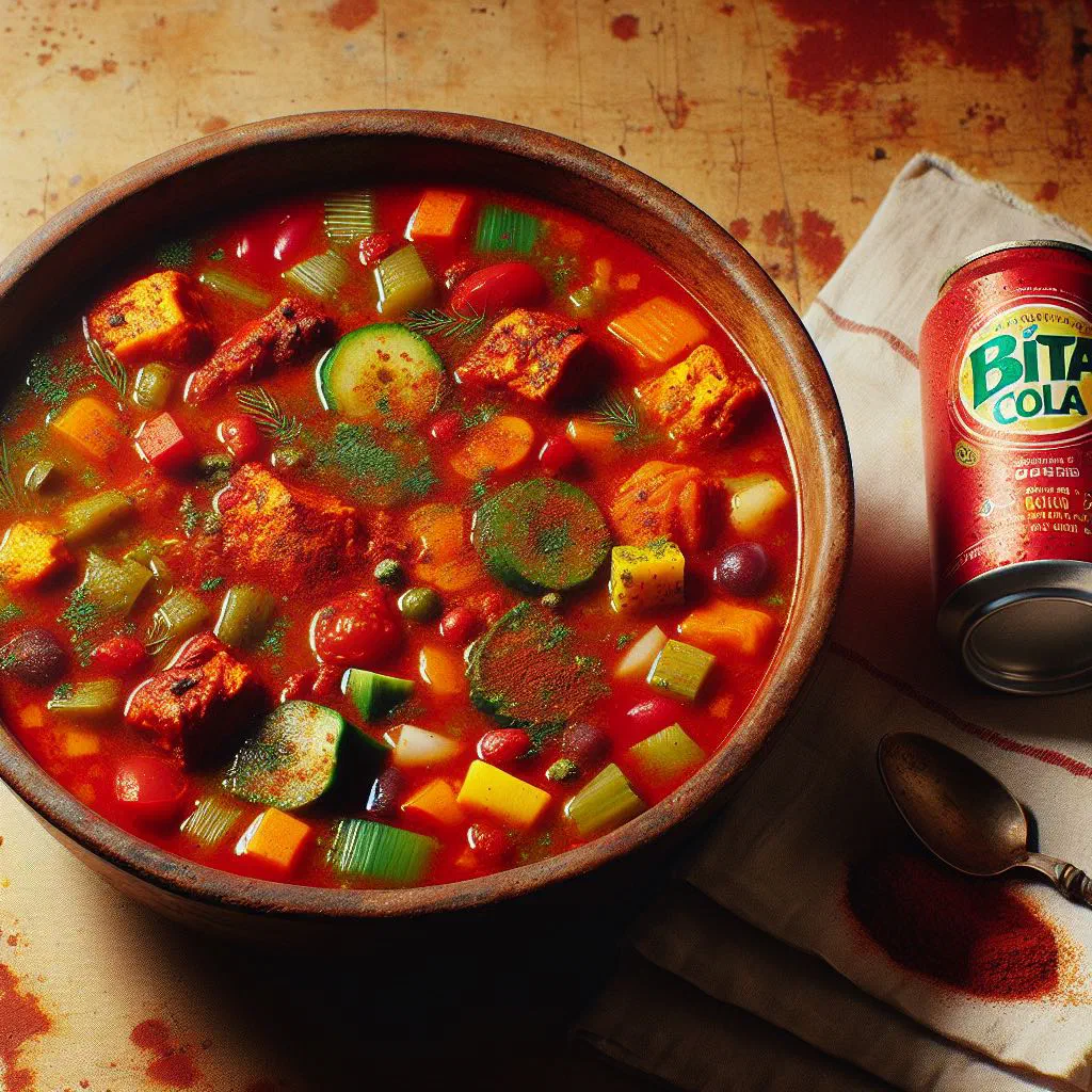 Bowl of Cameroonian bita cola soup with tender meat and fresh herbs