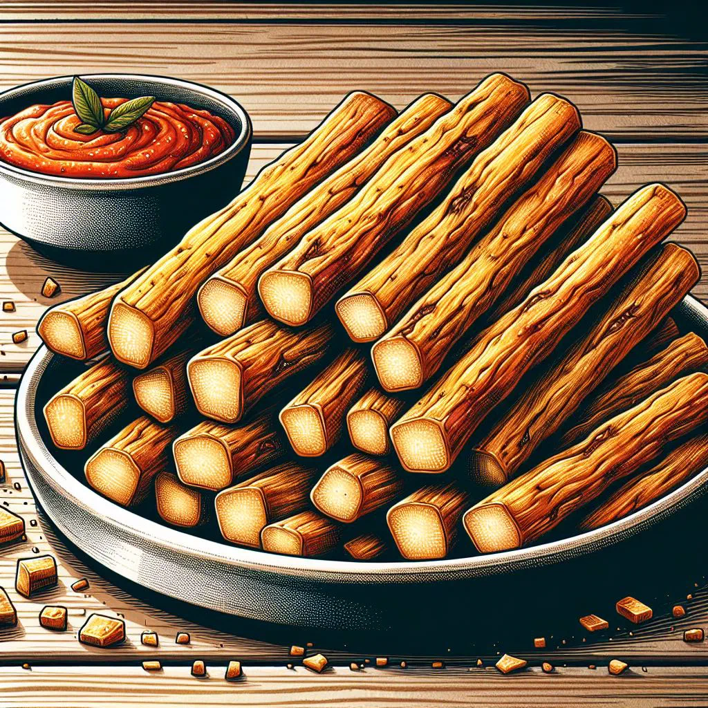 Golden fried cassava sticks piled on a plate with a dipping sauce
