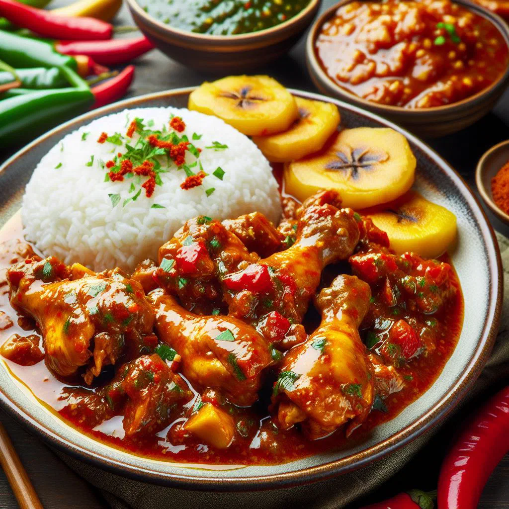 Cameroonian chicken pepper sauce with peppers and fresh herbs in a bowl