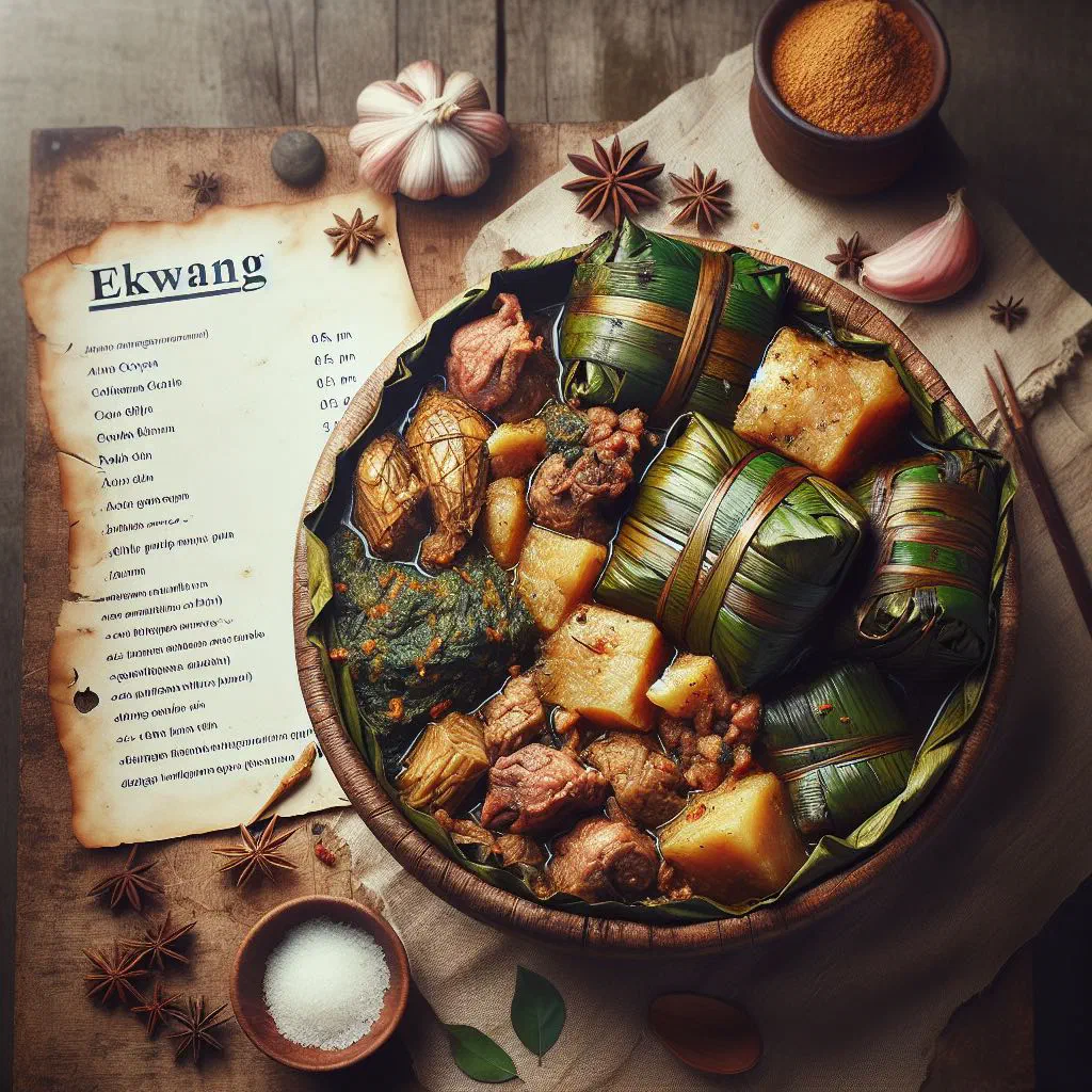Steamed ekwang parcels wrapped in banana leaves on a plate