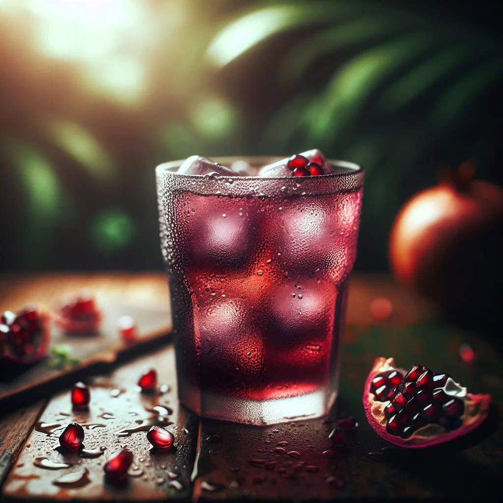 Chilled folere juice in a tall glass garnished with fresh fruit and mint
