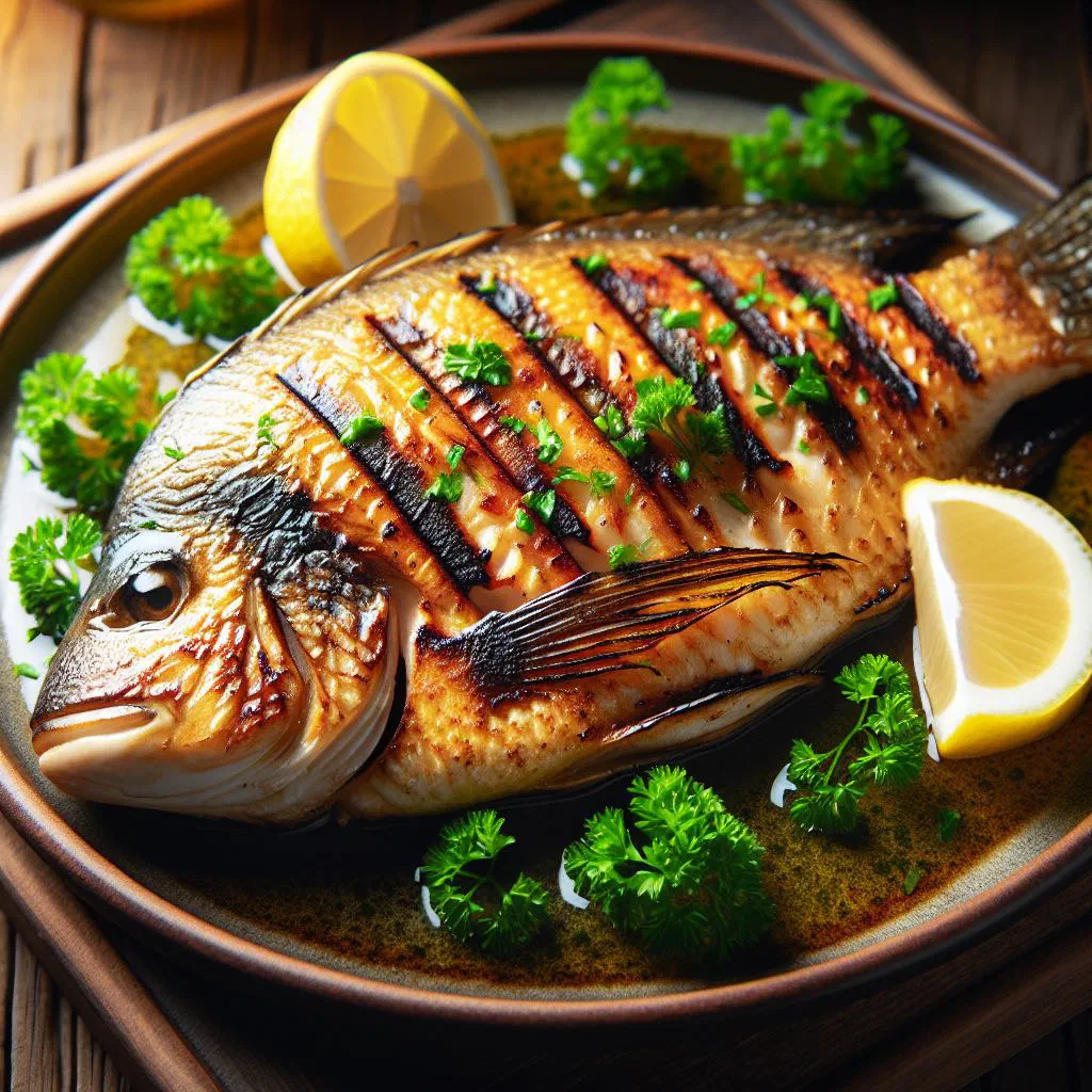 Grilled tilapia fillets with fresh herbs and lemon wedges