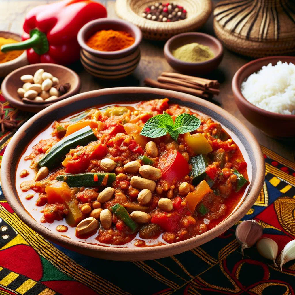 Maafe peanut stew with tender meat and carrots in a bowl