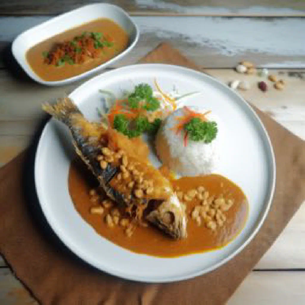 Pan-fried fish coated in a spicy peanut sauce with fresh herbs and lime