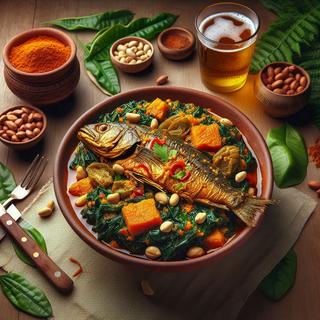 Bowl of ndole with fish in a peanut and bitterleaf sauce