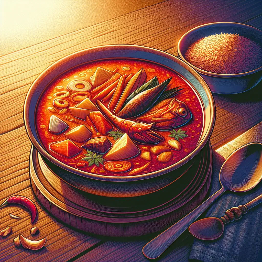 Rich red palm nut soup with tender meat in a rustic bowl