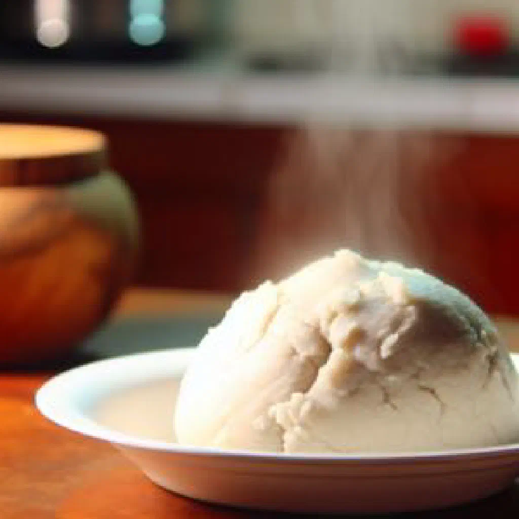Smooth white pounded yam served in a bowl beside a rich sauce