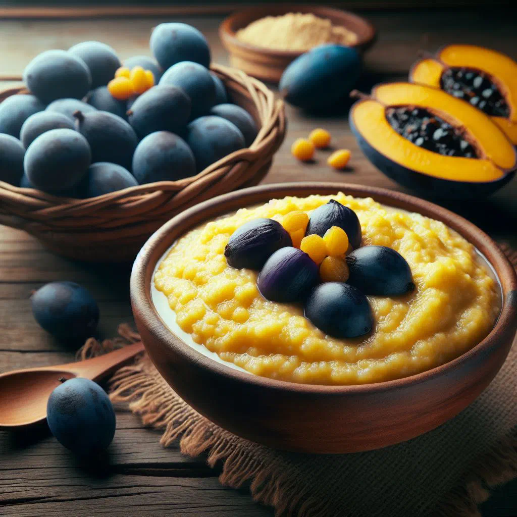 Creamy safou porridge in a bowl topped with fresh fruit and nuts
