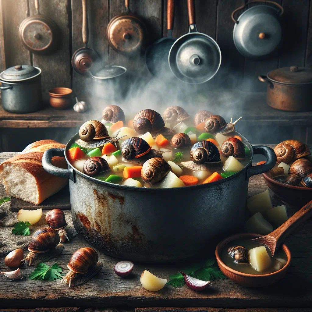 Cameroonian snail stew in a rich red palm oil sauce with peppers and coriander