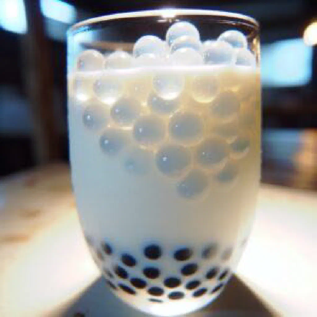 Bowl of cooked tapioca pearls with coconut milk and fresh fruit