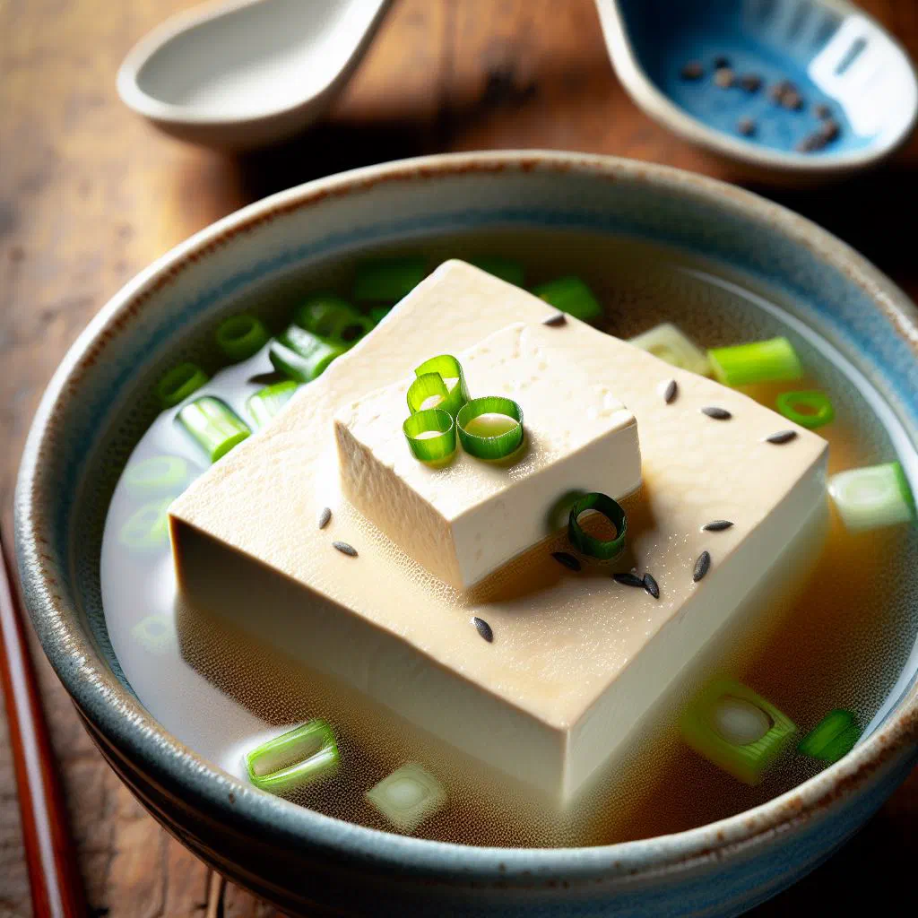 Pan-fried tofu cubes with peppers and spring onions