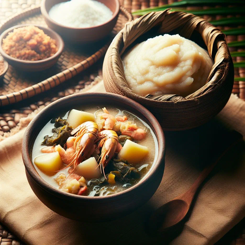 Water fufu served with steamed ekwang leaf parcels on a plate