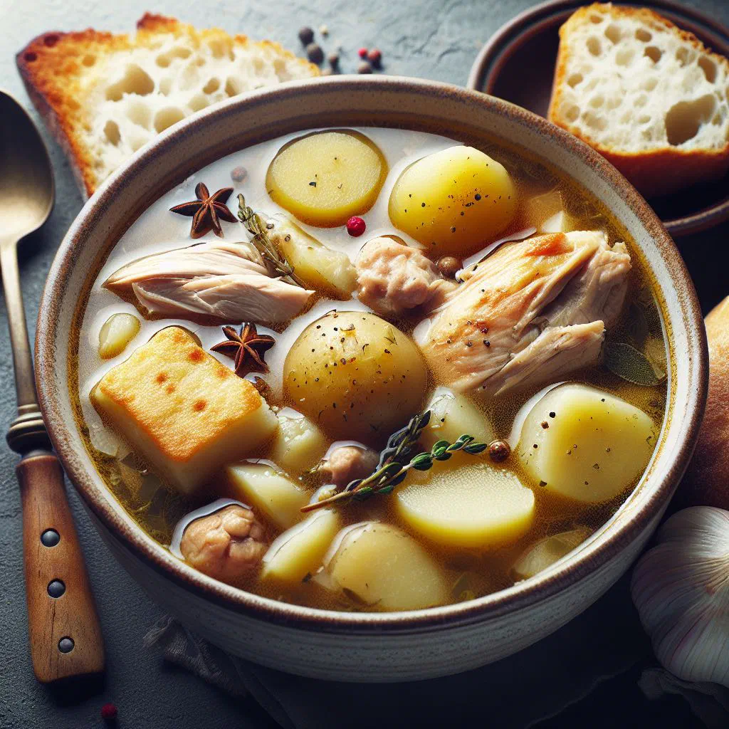 Bowl of Acadian fricot with tender meat, potatoes and carrots