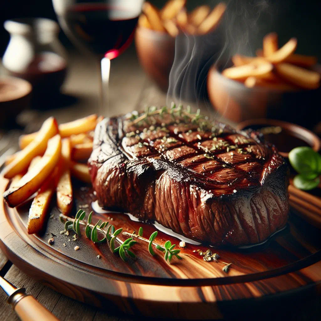 Grilled Alberta beef steak sliced on a warm plate with fresh herbs