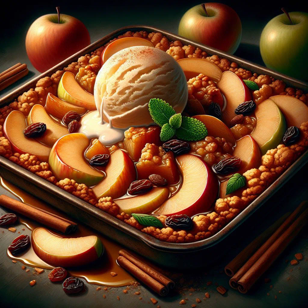 Baked apple crisp with a golden oat topping and a scoop of vanilla ice cream
