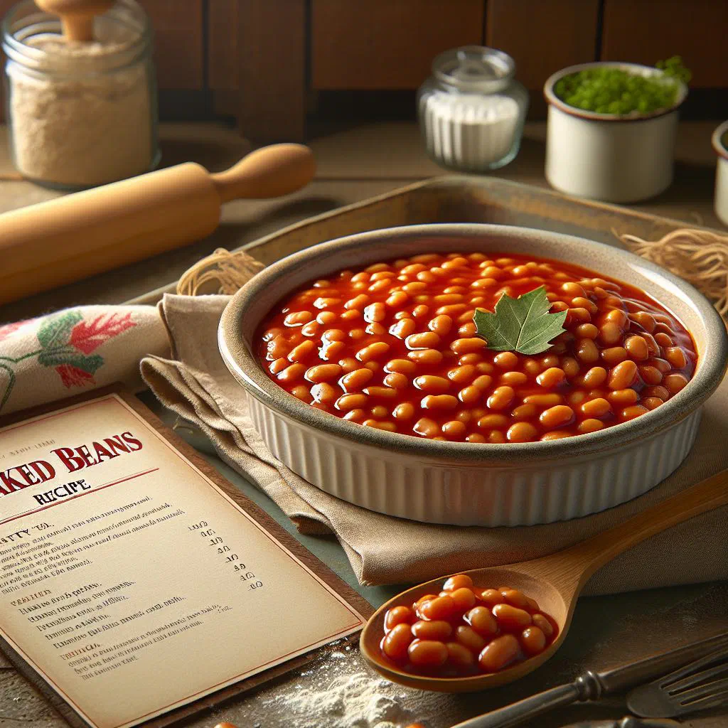 Baked beans in a rustic dish with a glossy maple syrup glaze
