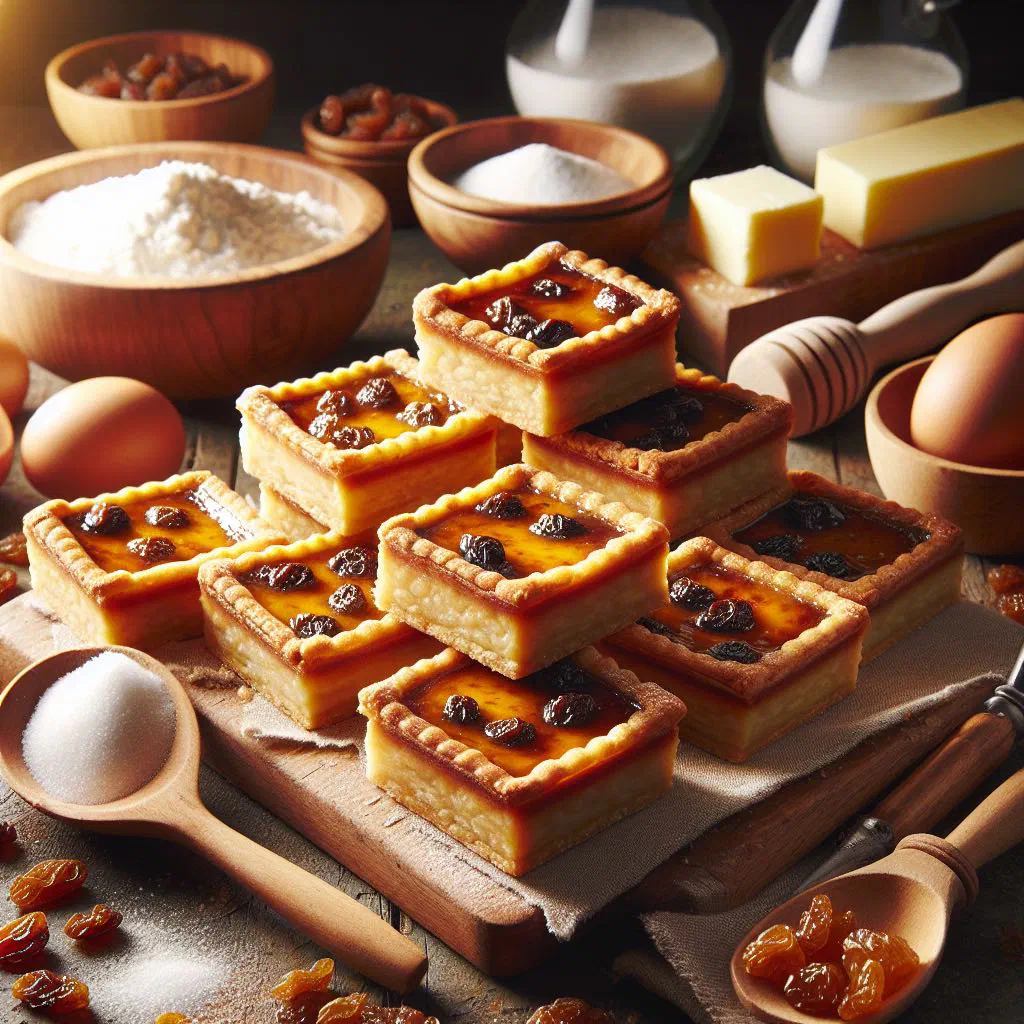 Golden butter tart bars cut into squares on a wooden board