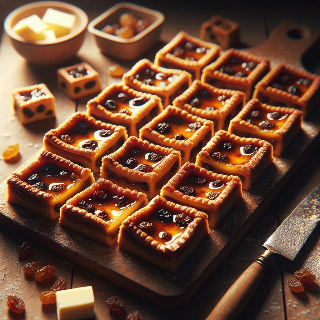 Golden butter tart squares cut into neat pieces on a wooden board